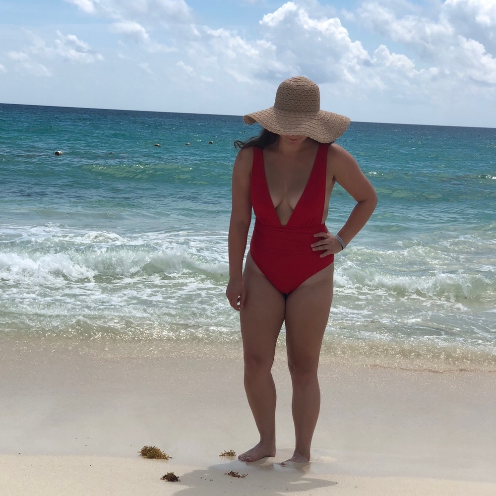 Red plunge One Piece Swim Suit